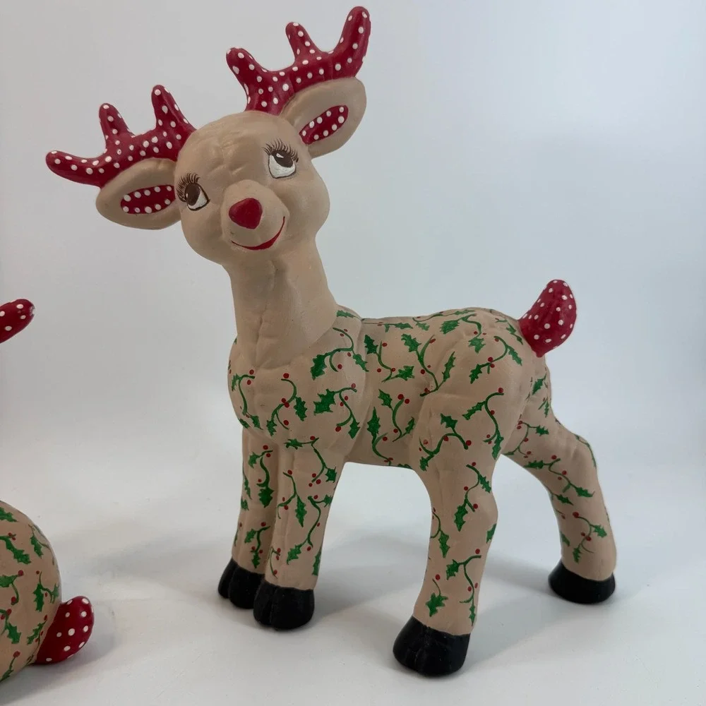 Vintage Kimple Ceramic Molds Christmas Quilted Reindeer Set Figurines Polka Dots